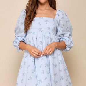 Lulus Always Charming Light Blue Floral Swiss Dot Babydoll Dress - Size XXL